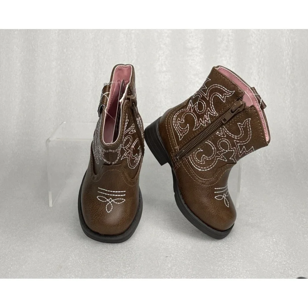 Wonder Nation Brown Zip up Square Toe Cowboy Cowgirl Boots Toddler Girls Size 5